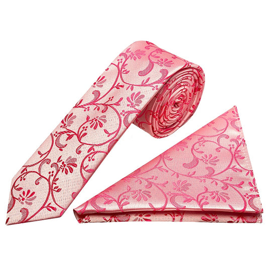 Light Coral Pink Floral Skinny Mens Tie And Pocket Square Set 1