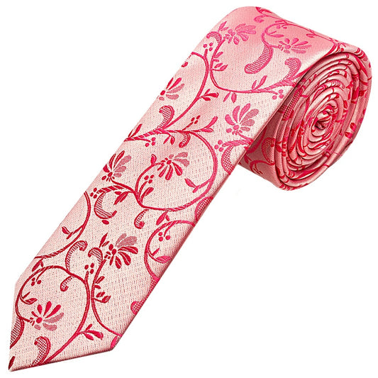 Light Coral Pink Floral Skinny Mens Tie And Pocket Square Set 2