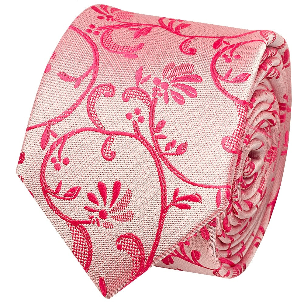 Light Coral Pink Floral Skinny Mens Tie And Pocket Square Set 3