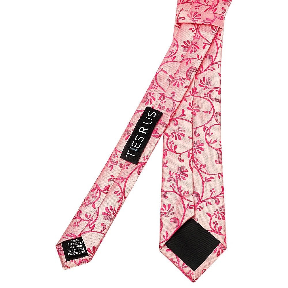 Light Coral Pink Floral Skinny Mens Tie And Pocket Square Set 4