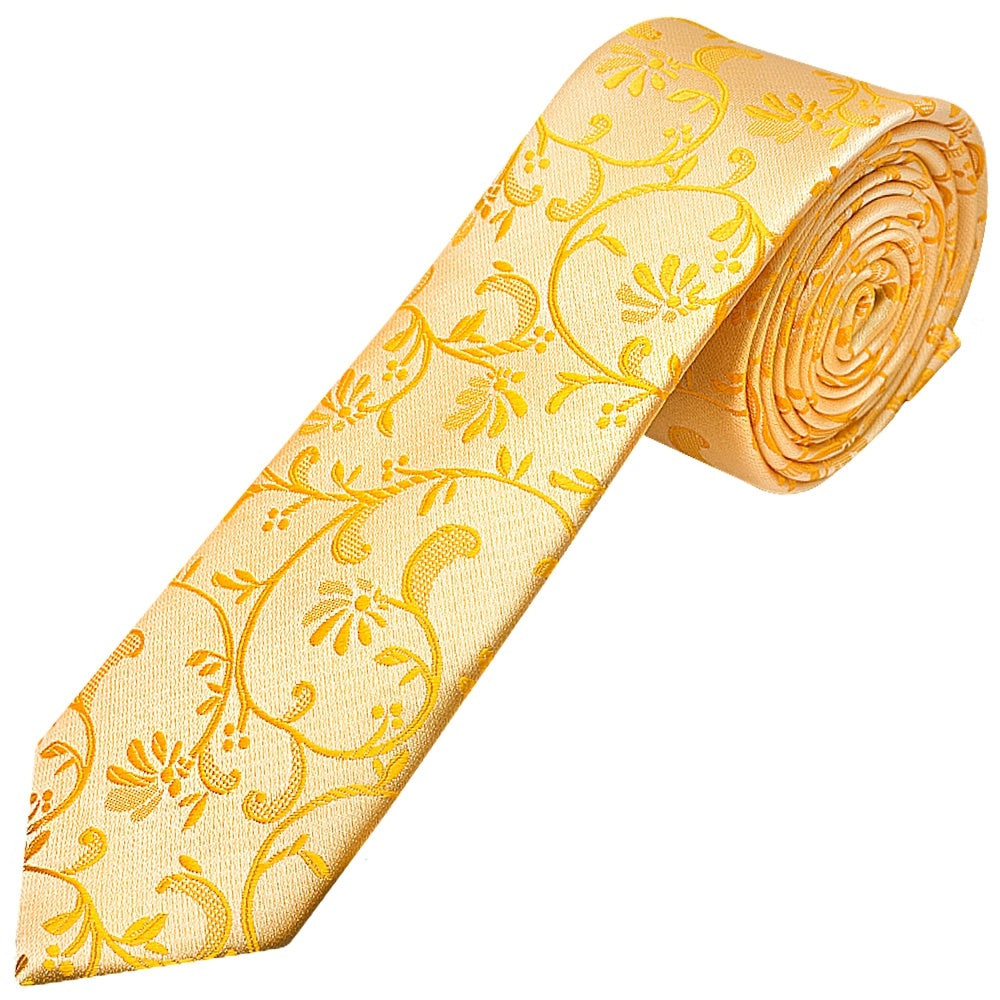 Bright Yellow Floral Skinny Mens Tie 1