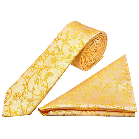 Bright Yellow Floral Skinny Mens Tie And Pocket Square Set 1