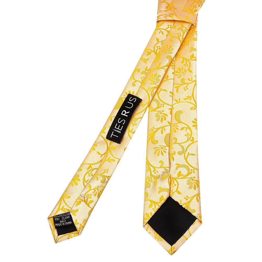 Bright Yellow Floral Skinny Mens Tie And Pocket Square Set 4