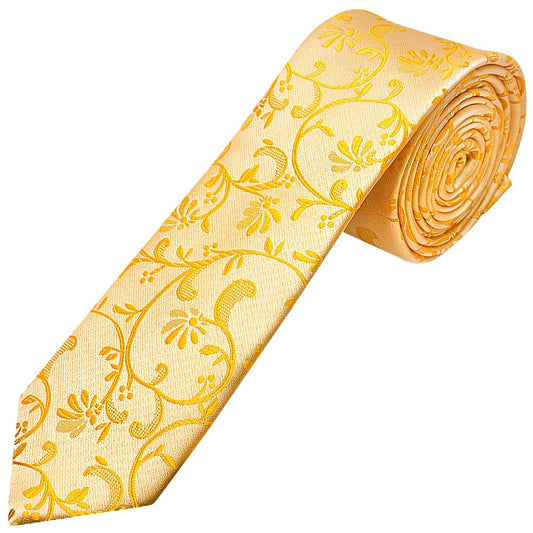 Bright Yellow Floral Skinny Boys Tie And Pocket Square Set 2