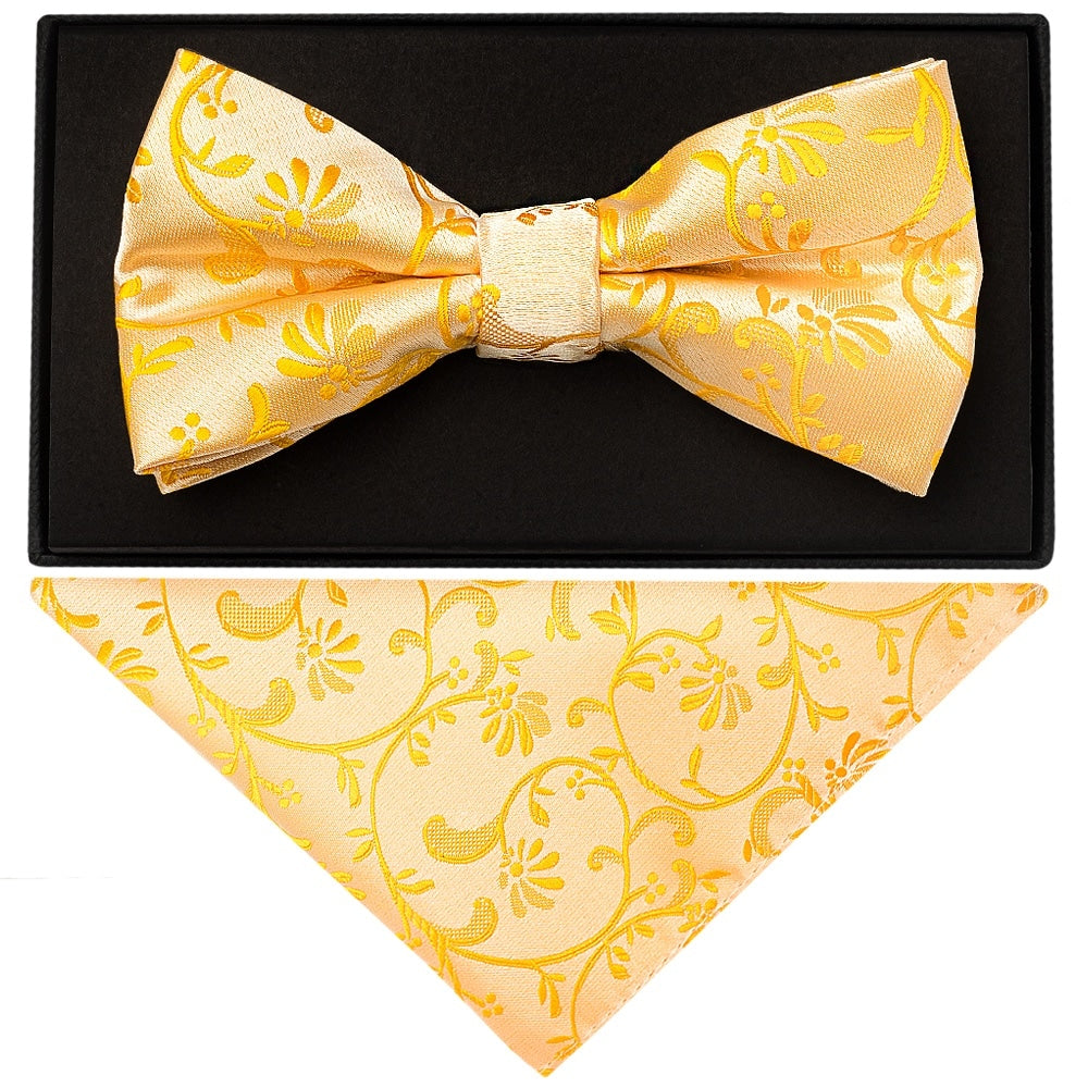Bright Yellow Floral Handmade Mens Bow Tie And Pocket Square Set 1