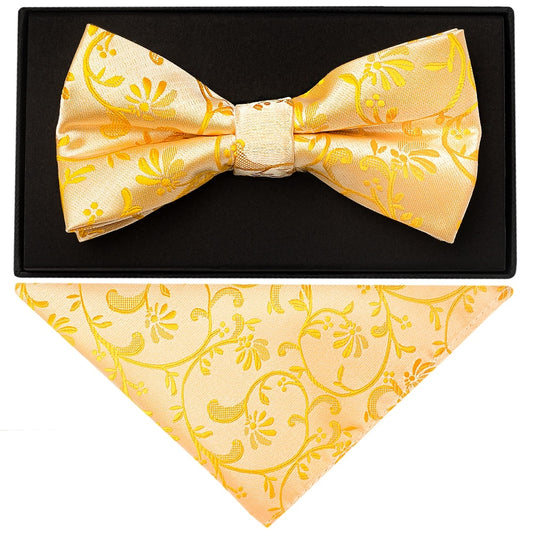 Bright Yellow Floral Handmade Mens Bow Tie And Pocket Square Set 1