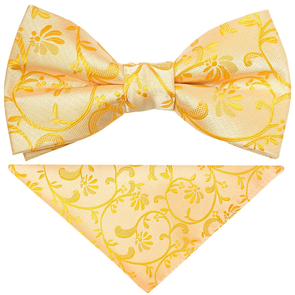 Pre Tied Bright Yellow Floral Boys Bow Tie And Pocket Square Set 1