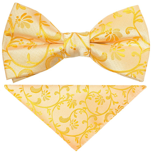 Pre Tied Bright Yellow Floral Boys Bow Tie And Pocket Square Set 1