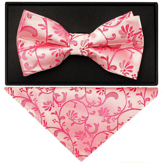 Light Coral Floral Handmade Mens Bow Tie And Pocket Square Set 1