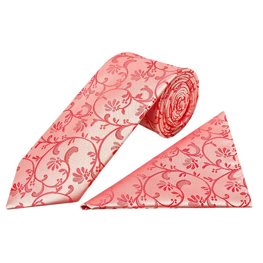 Coral Pink Floral Classic Mens Tie And Pocket Square Set 1