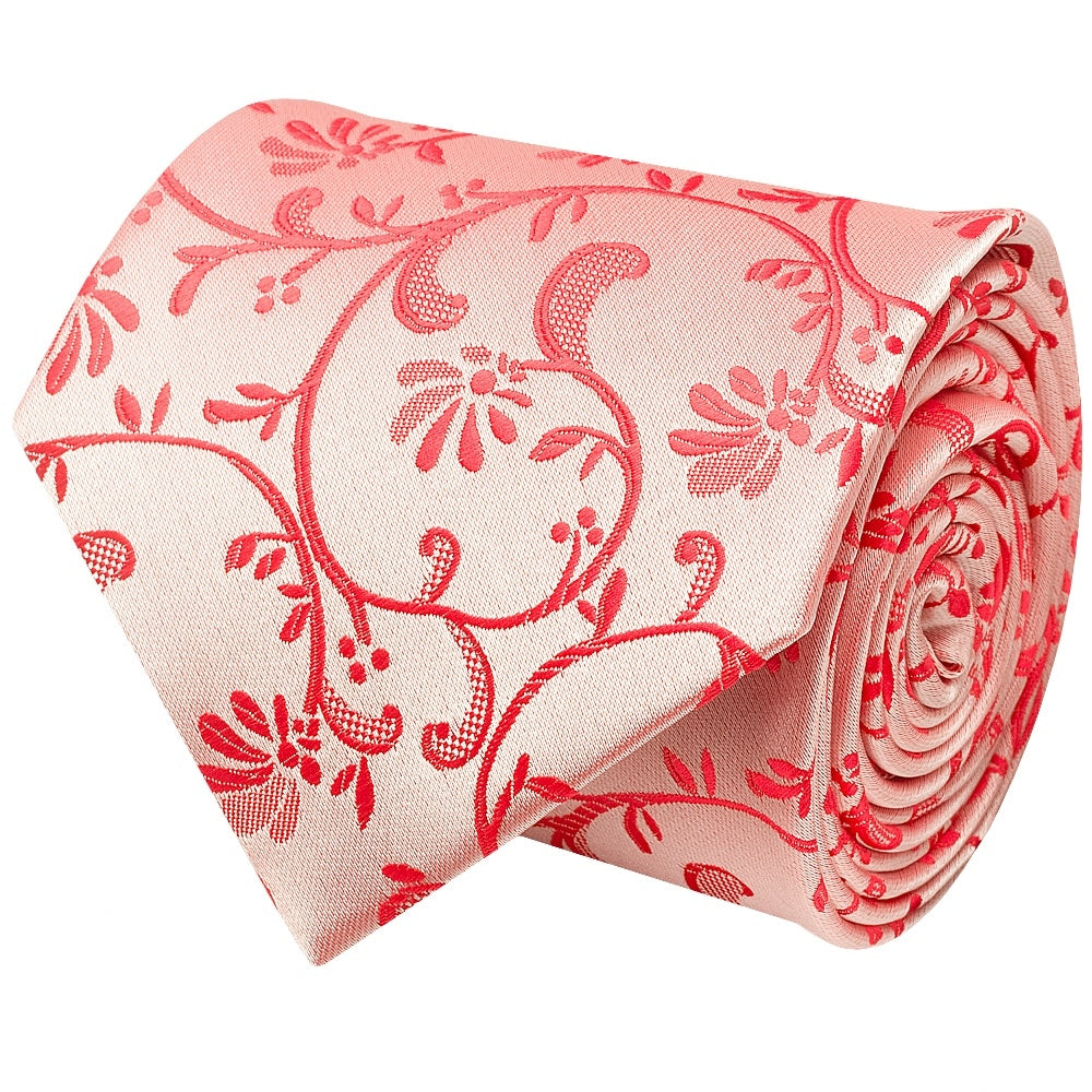 Coral Pink Floral Classic Mens Tie And Pocket Square Set 3