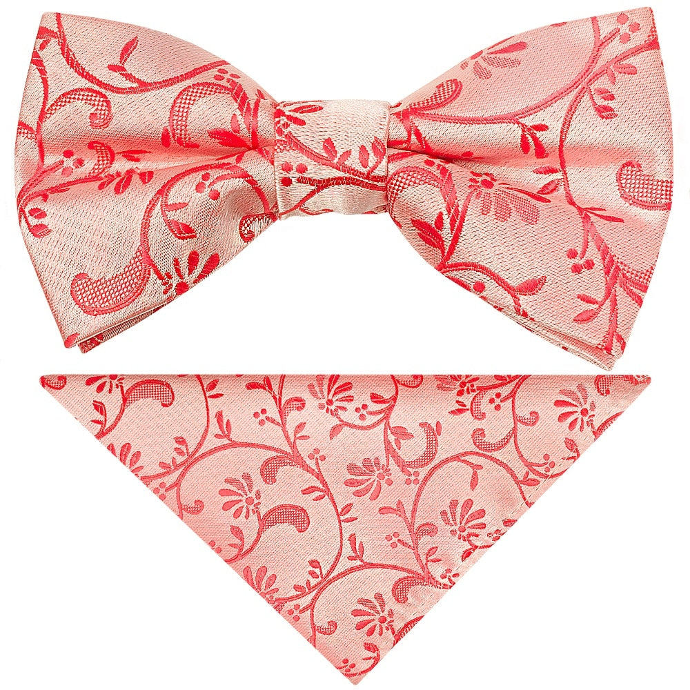 Pre Tied Coral Pink Floral Boys Bow Tie And Pocket Square Set Age 4 7 1