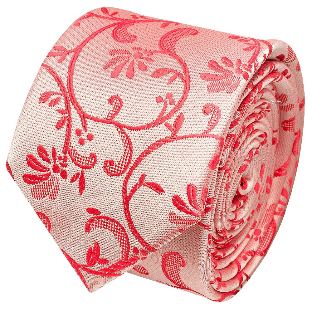 Coral Pink Floral Skinny Mens Tie 2