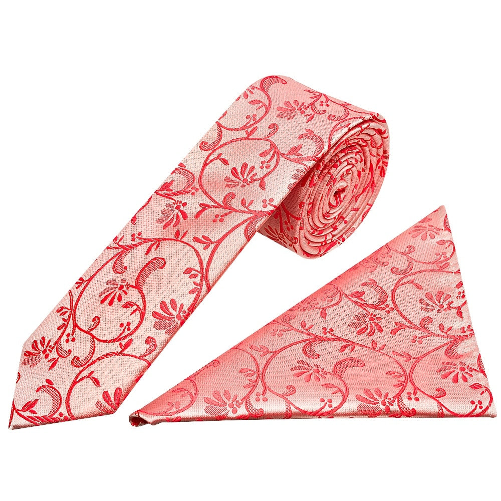 Coral Pink Floral Skinny Boys Tie And Pocket Square Set 1