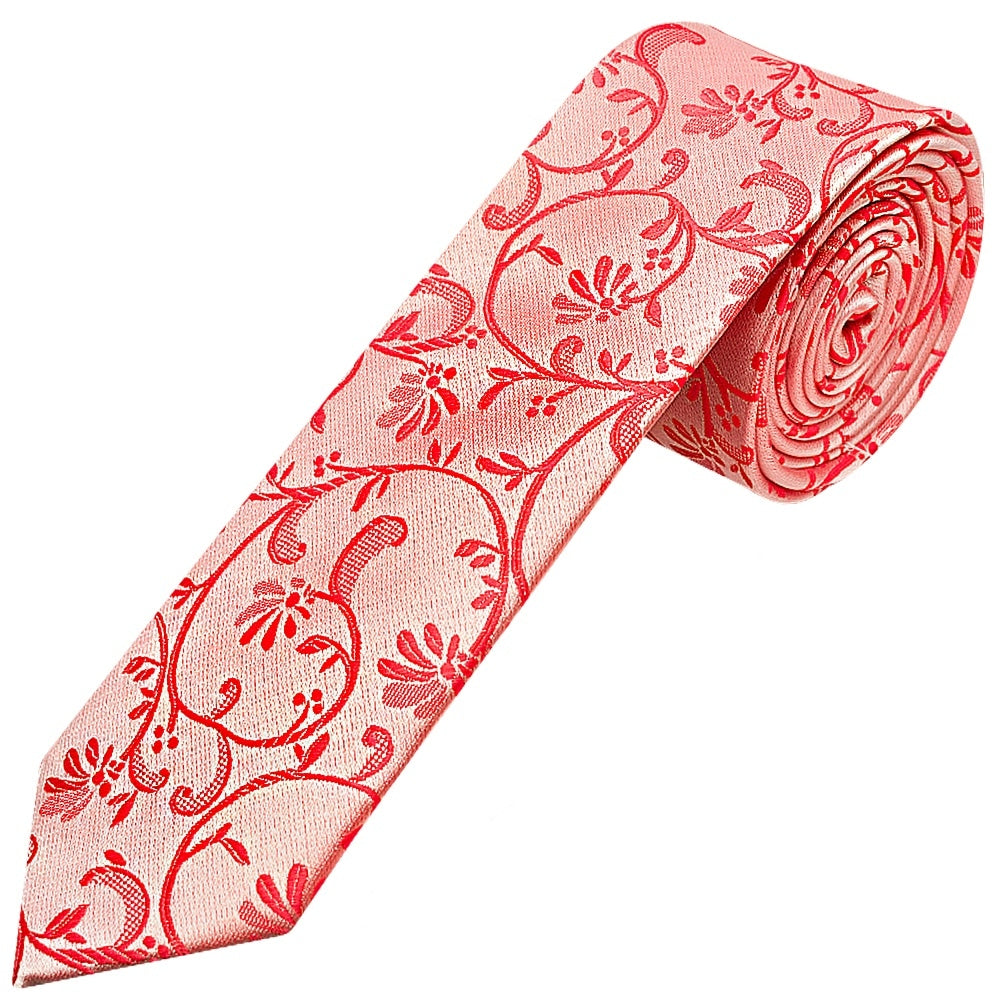 Coral Pink Floral Skinny Boys Tie And Pocket Square Set 2