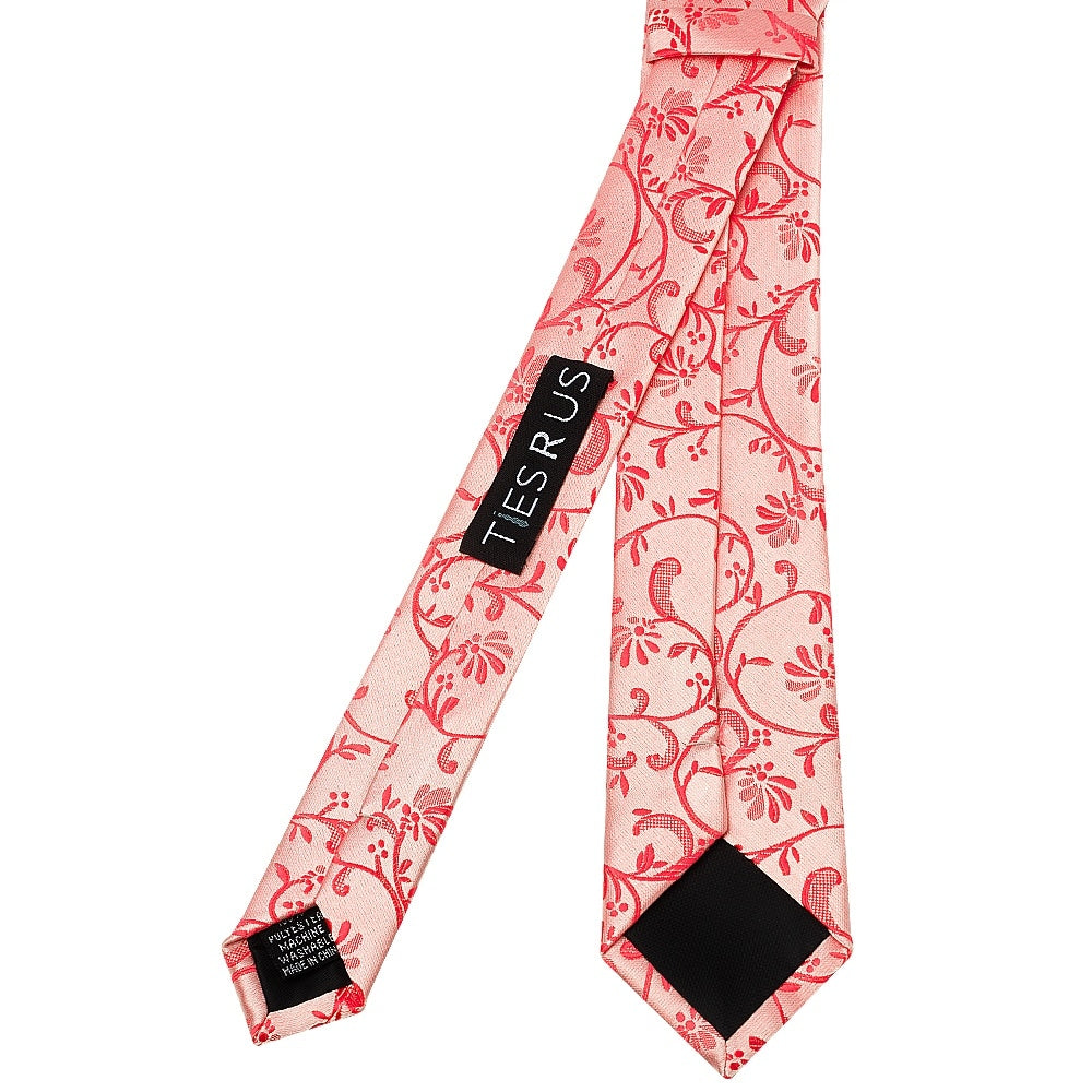 Coral Pink Floral Skinny Boys Tie And Pocket Square Set 4