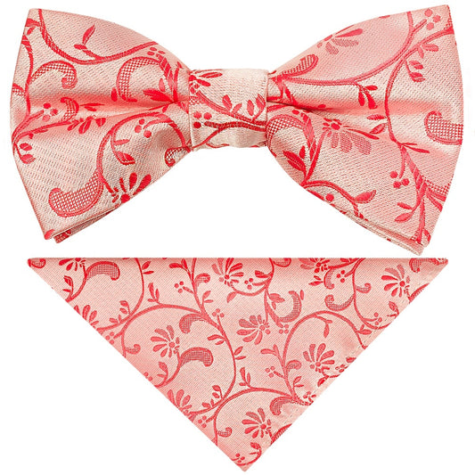 Pre Tied Coral Pink Floral Boys Bow Tie And Pocket Square Set 1