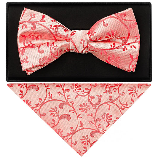 Coral Floral Handmade Mens Bow Tie And Pocket Square Set 1
