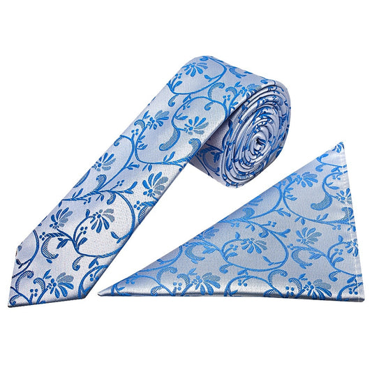 Royal Blue Floral Skinny Mens Tie And Pocket Square Set 1