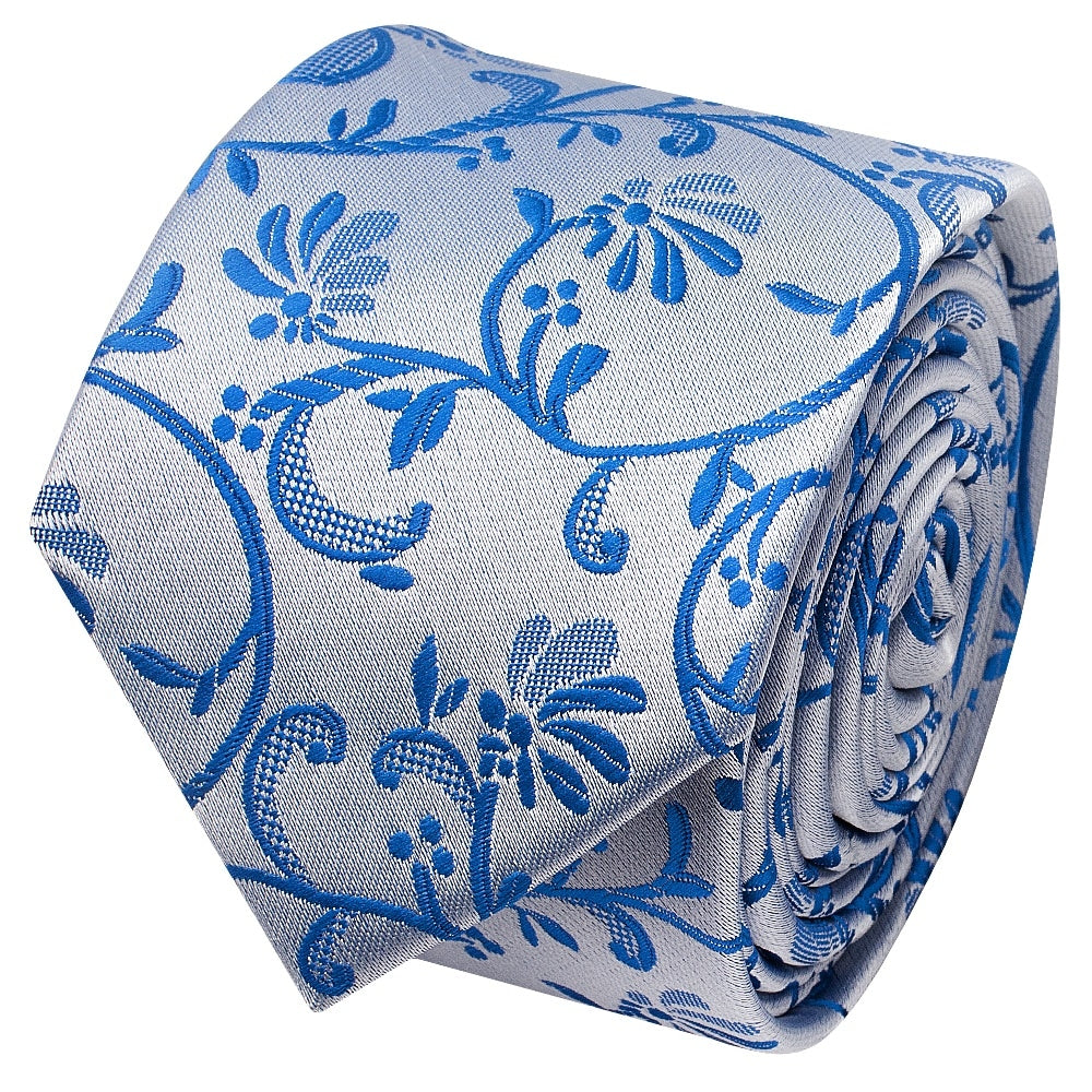 Royal Blue Floral Skinny Mens Tie And Pocket Square Set 3