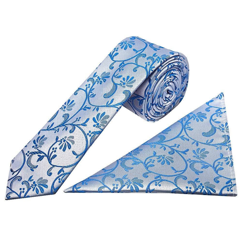 Royal Blue Floral Skinny Boys Tie And Pocket Square Set 1