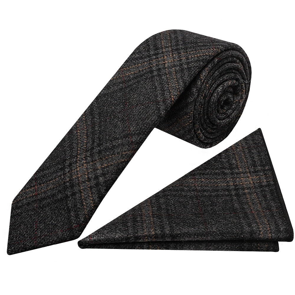 Dark Grey Check Tweed Skinny Mens Tie And Pocket Square 1