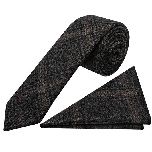 Dark Grey Check Tweed Skinny Mens Tie And Pocket Square 1