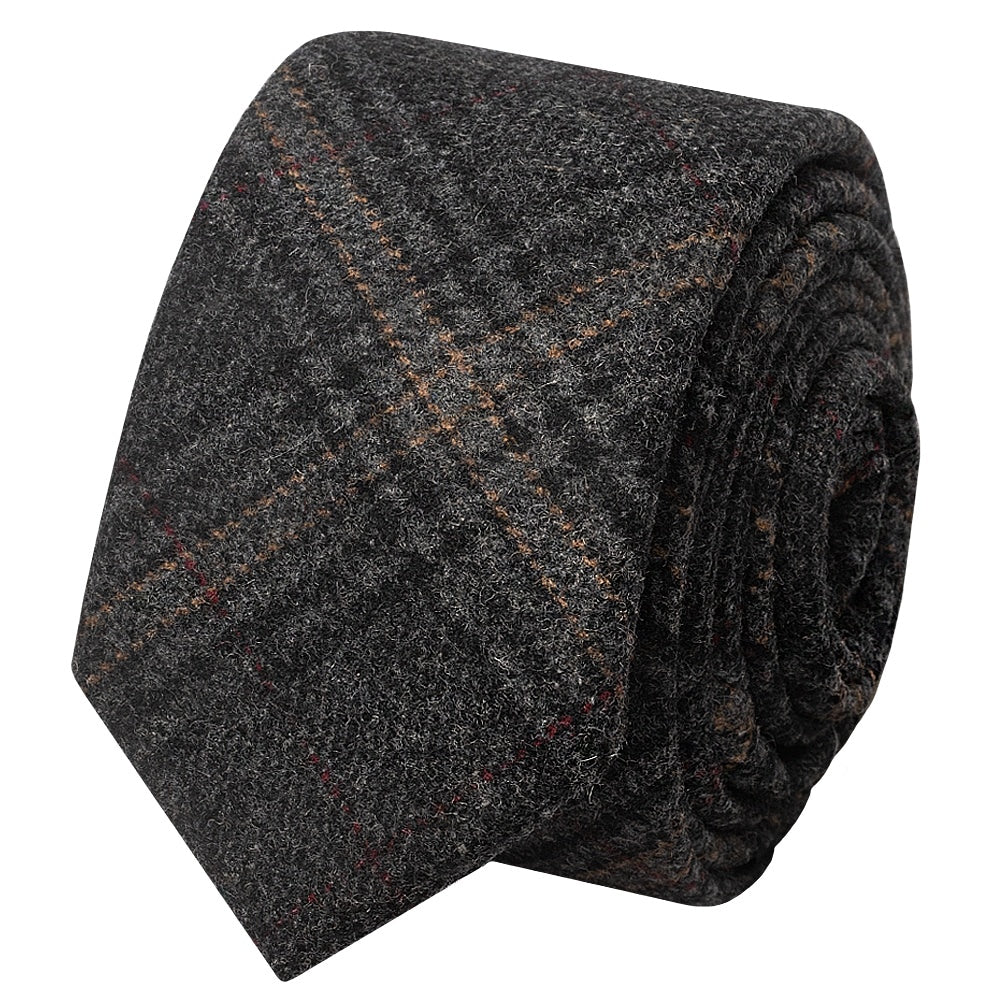 Dark Grey Check Tweed Skinny Mens Tie And Pocket Square 3