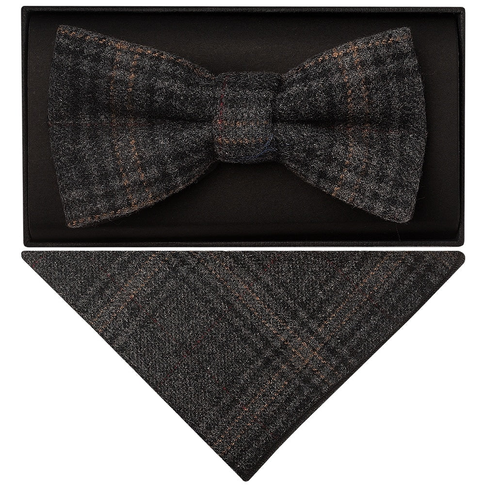 Dark Grey Check Mens Tweed Bow Tie And Pocket Square Set 1