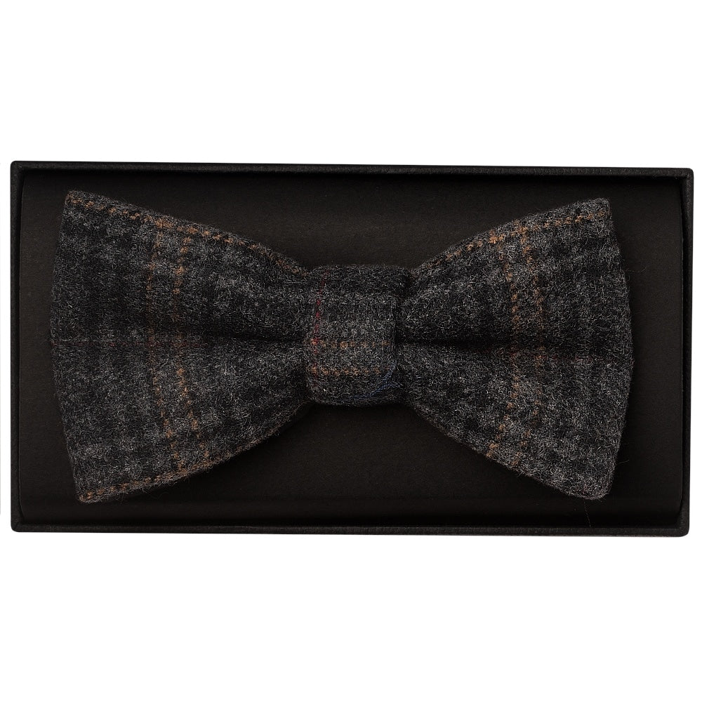 Dark Grey Check Mens Tweed Bow Tie And Pocket Square Set 2