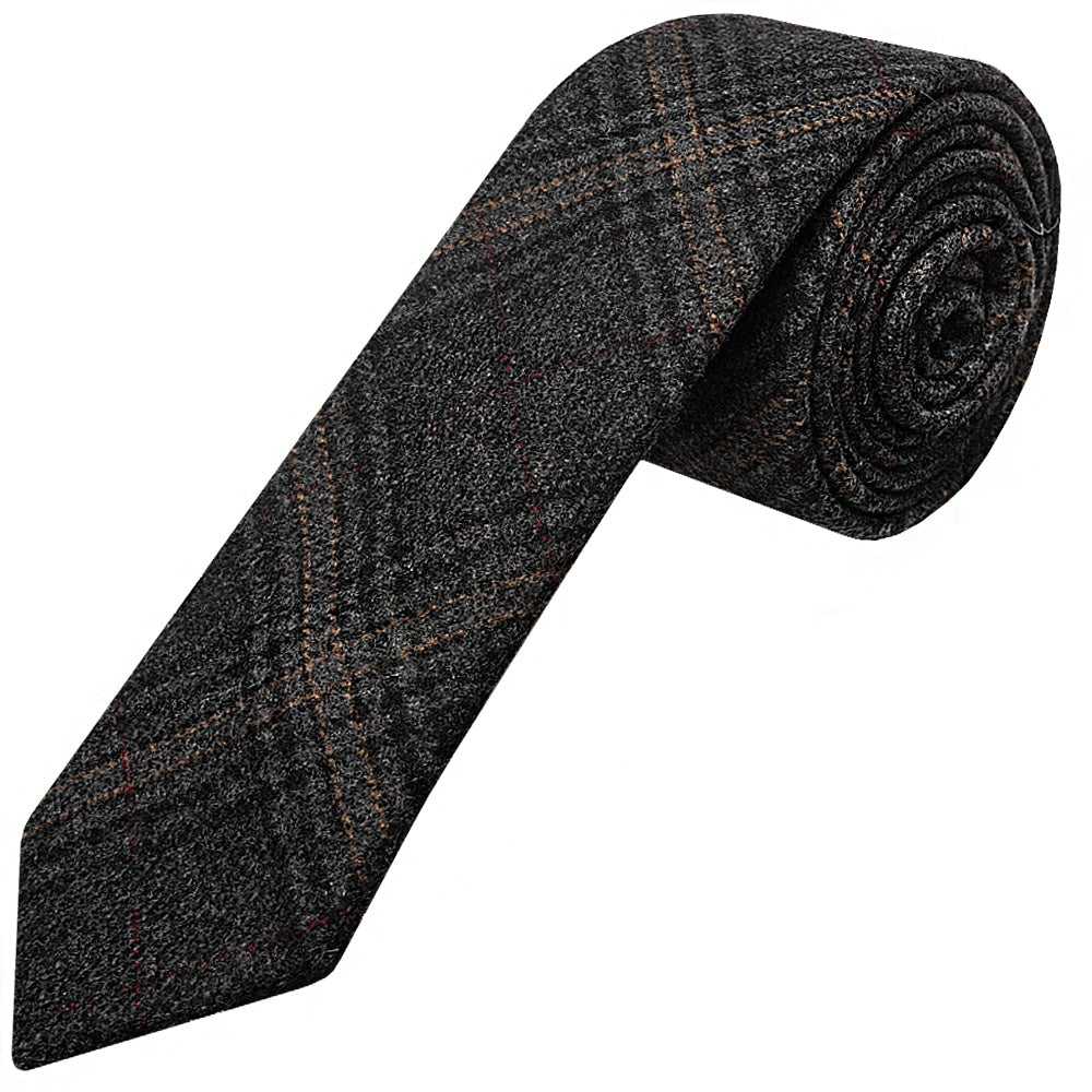 Dark Grey Check Tweed Skinny Boys Tie 1