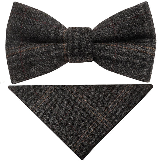 Pre Tied Dark Grey Check Tweed Boys Bow Tie And Pocket Square Set 1