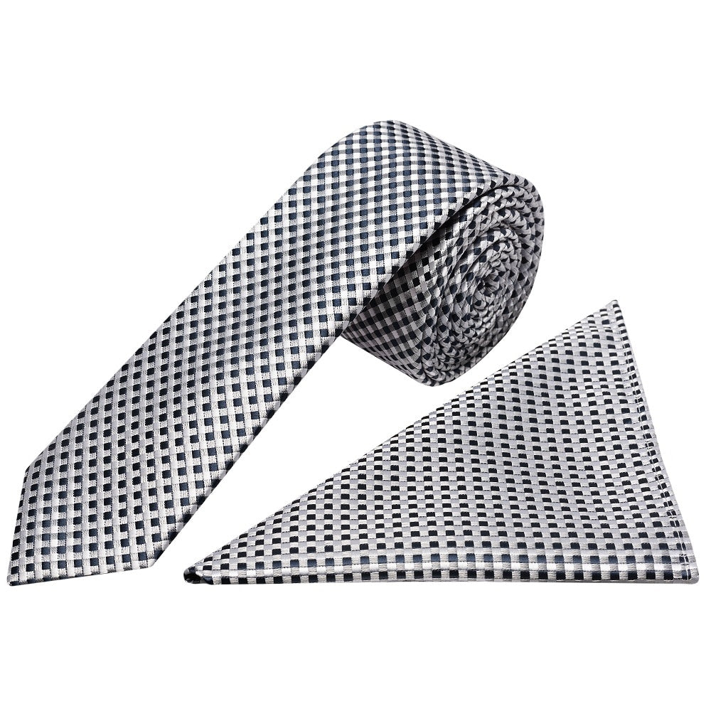 Silver Diamond Neat Skinny Boys Tie And Pocket Square 1