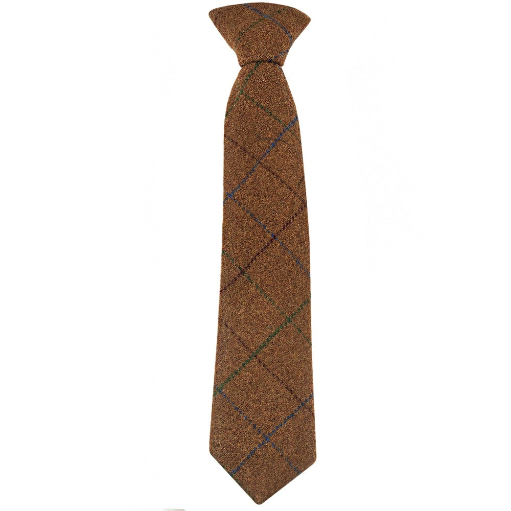 Pre Tied Light Brown Large Check Tweed Boys Tie Age 4 7 1