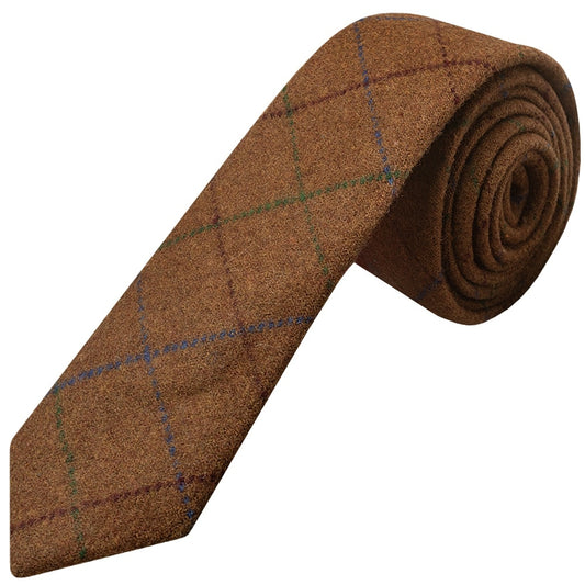 Light Brown Large Check Tweed Skinny Boys Tie 1