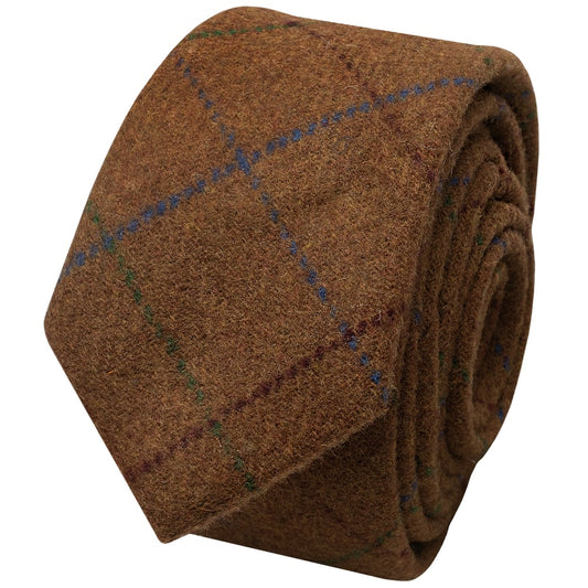 Light Brown Large Check Tweed Skinny Boys Tie 2