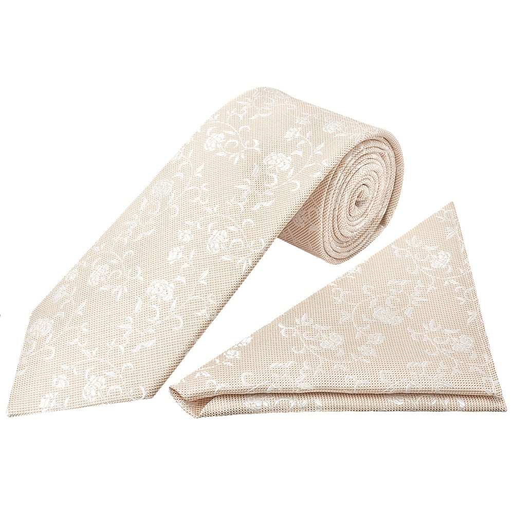 Champagne And White Floral Classic Mens Tie Pocket Square Set 1