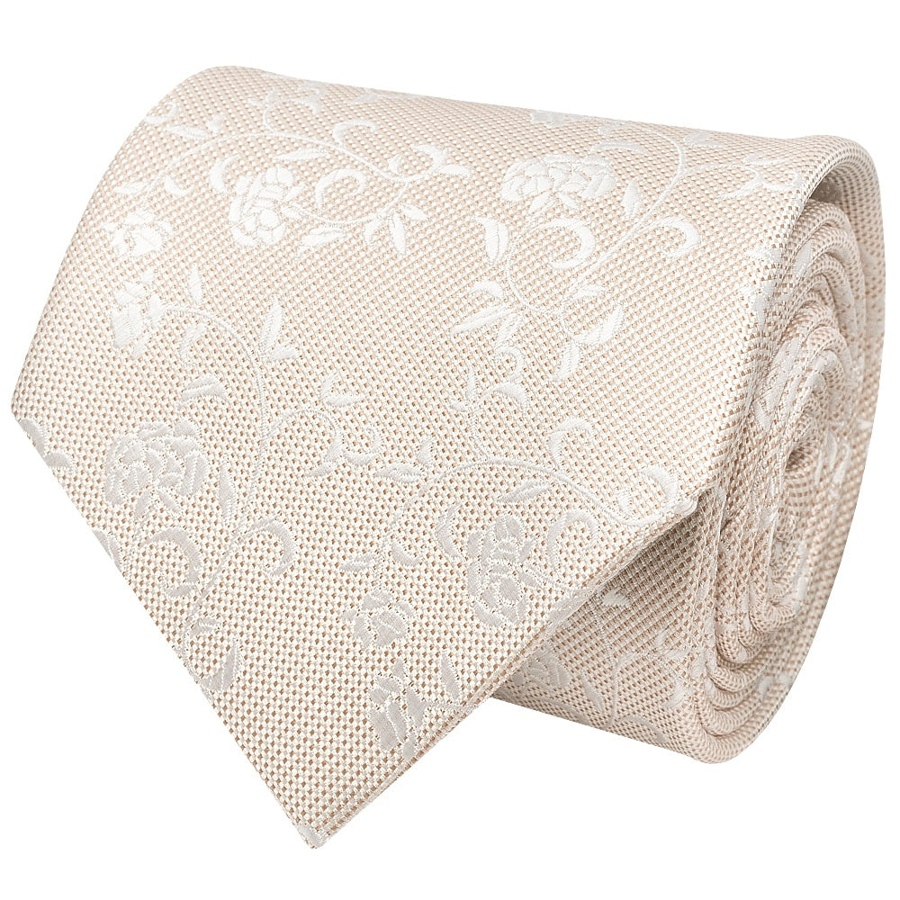 Champagne And White Floral Classic Mens Tie Pocket Square Set 3