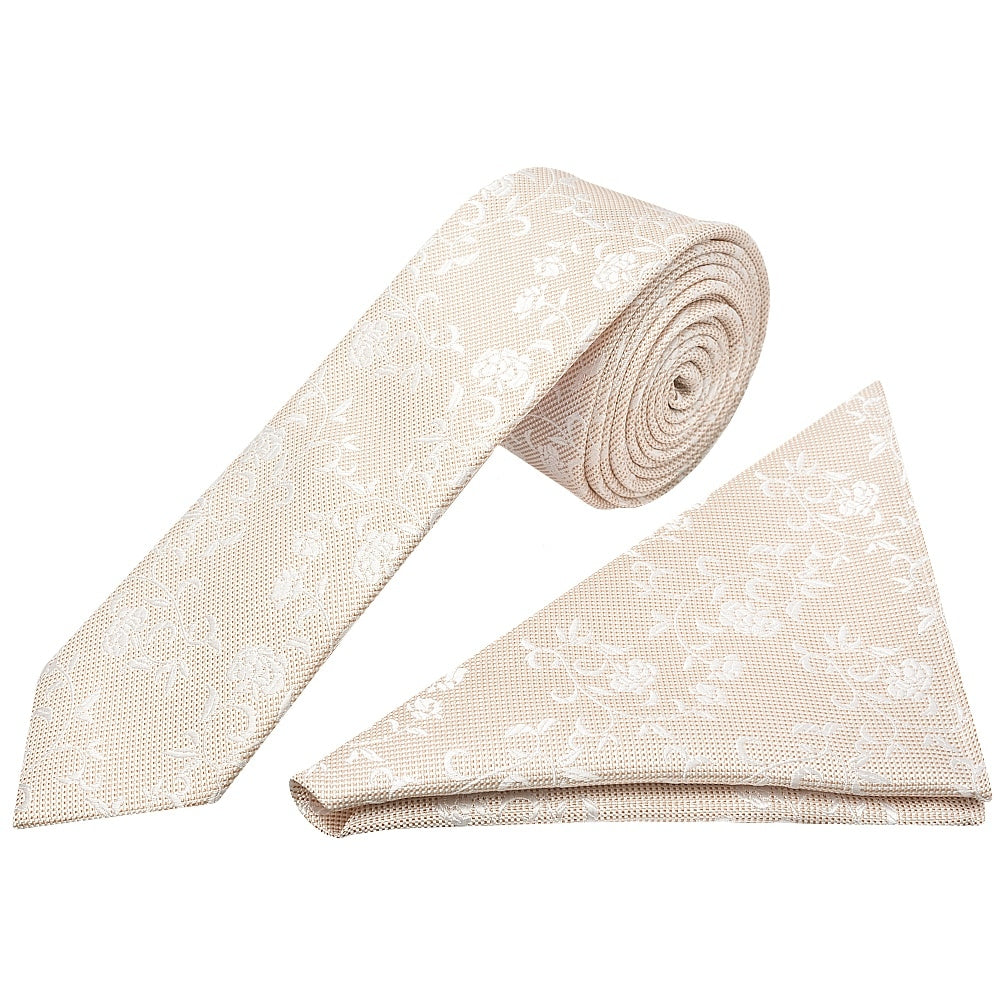 Champagne And White Floral Skinny Mens Tie And Pocket Square Set 1