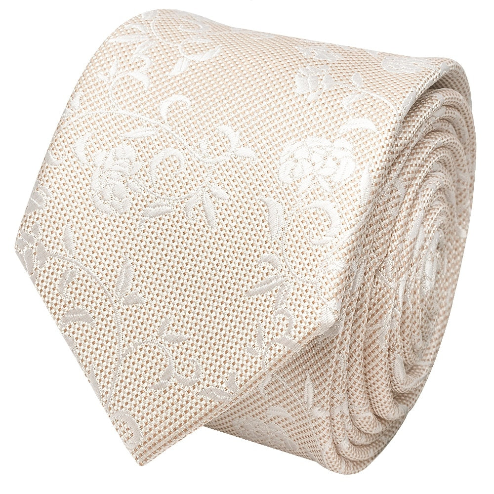 Champagne And White Floral Skinny Mens Tie And Pocket Square Set 3