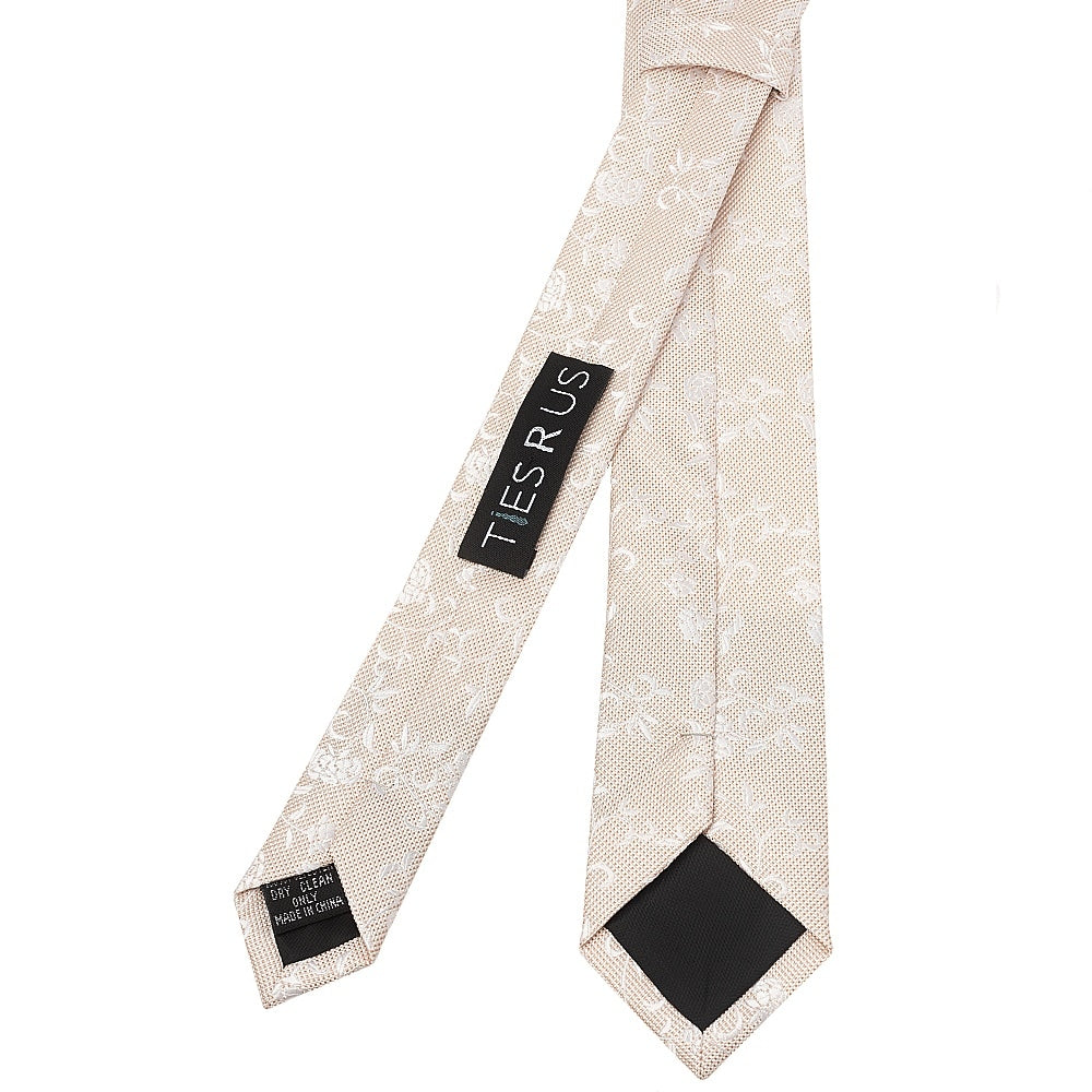 Champagne And White Floral Skinny Mens Tie And Pocket Square Set 4