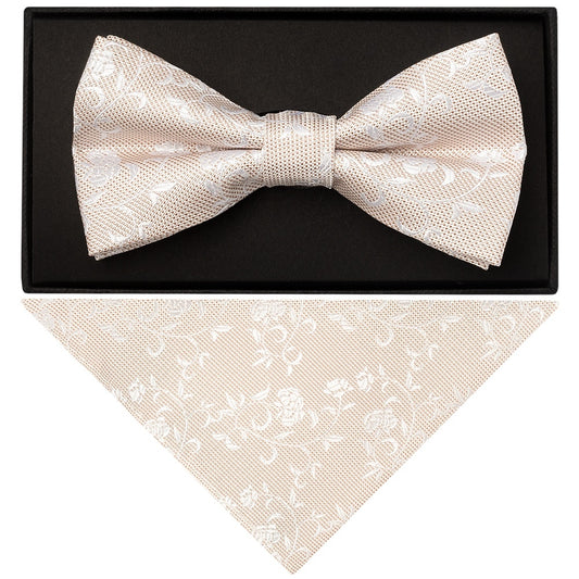 Champagne And White Floral Handmade Mens Bow Tie And Pocket Square Set 1