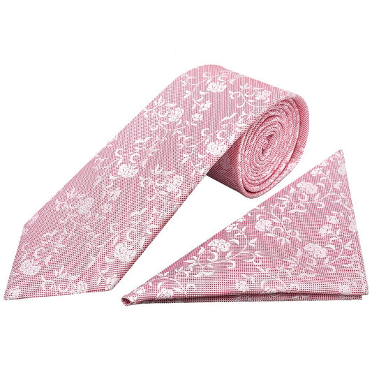 Pink And White Floral Classic Mens Tie Pocket Square Set 1