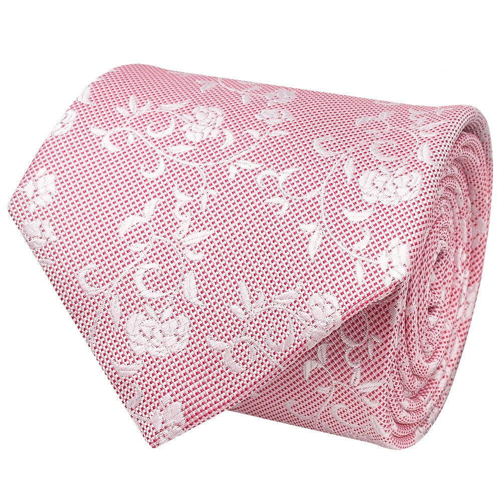Pink And White Floral Classic Mens Tie Pocket Square Set 3