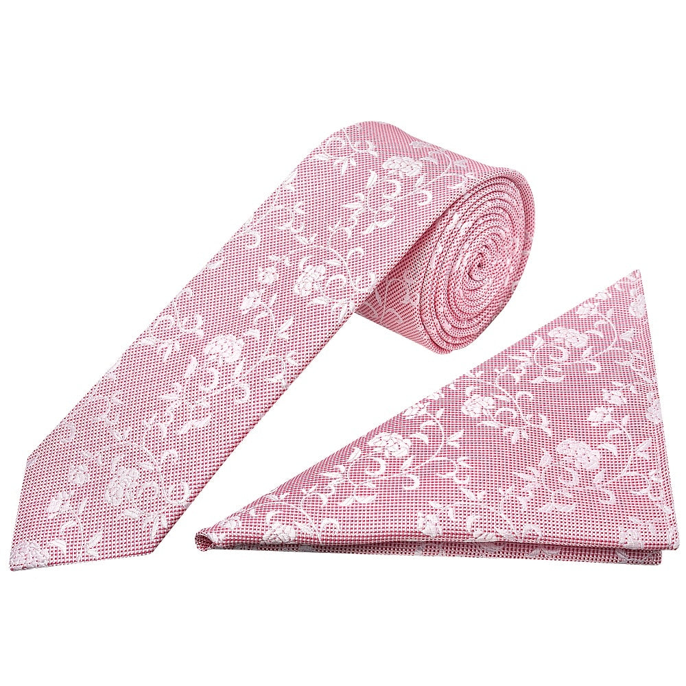 Pink And White Floral Skinny Mens Tie And Pocket Square Set 1