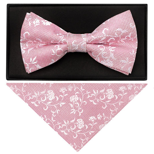 Pink And White Floral Handmade Mens Bow Tie And Pocket Square Set 1