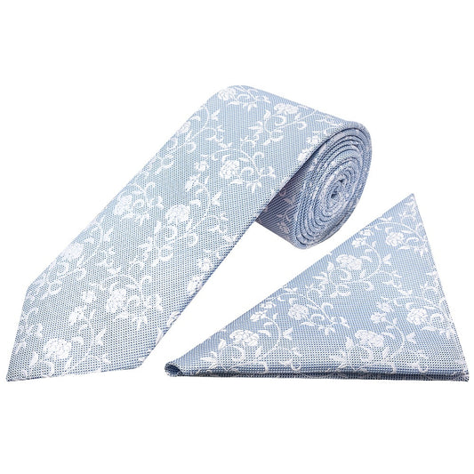Sky Blue And White Floral Classic Mens Tie Pocket Square Set 1