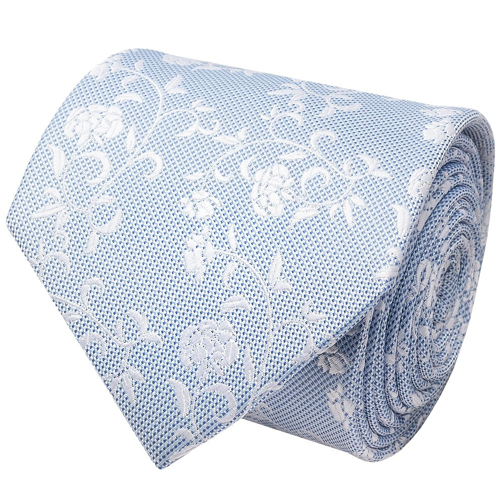 Sky Blue And White Floral Classic Mens Tie Pocket Square Set 3