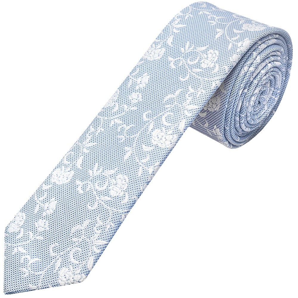 Sky Blue And White Floral Skinny Mens Tie 1