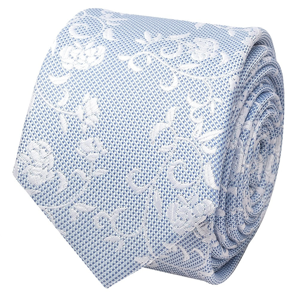 Sky Blue And White Floral Skinny Mens Tie 2